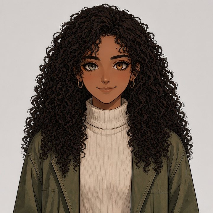 Yuni, a young woman with long, wild dark curls, warm brown skin, small gold hoop earrings, a cream turtleneck and an olive jacket, smiling softly. One eye is grey-green, the other honey-brown.